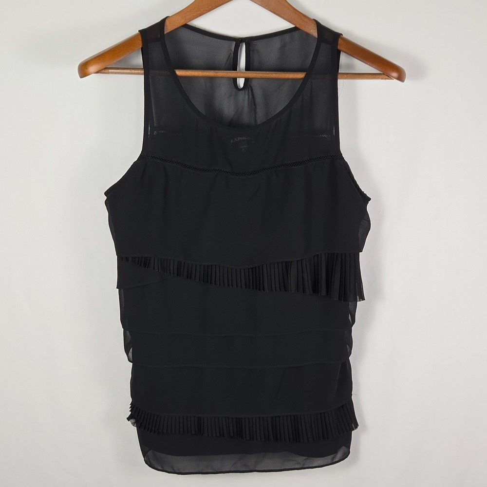 Express Womens Tank Top‎ Medium Black Pleated Layered Sheer Mesh Yoke Y2K Goth